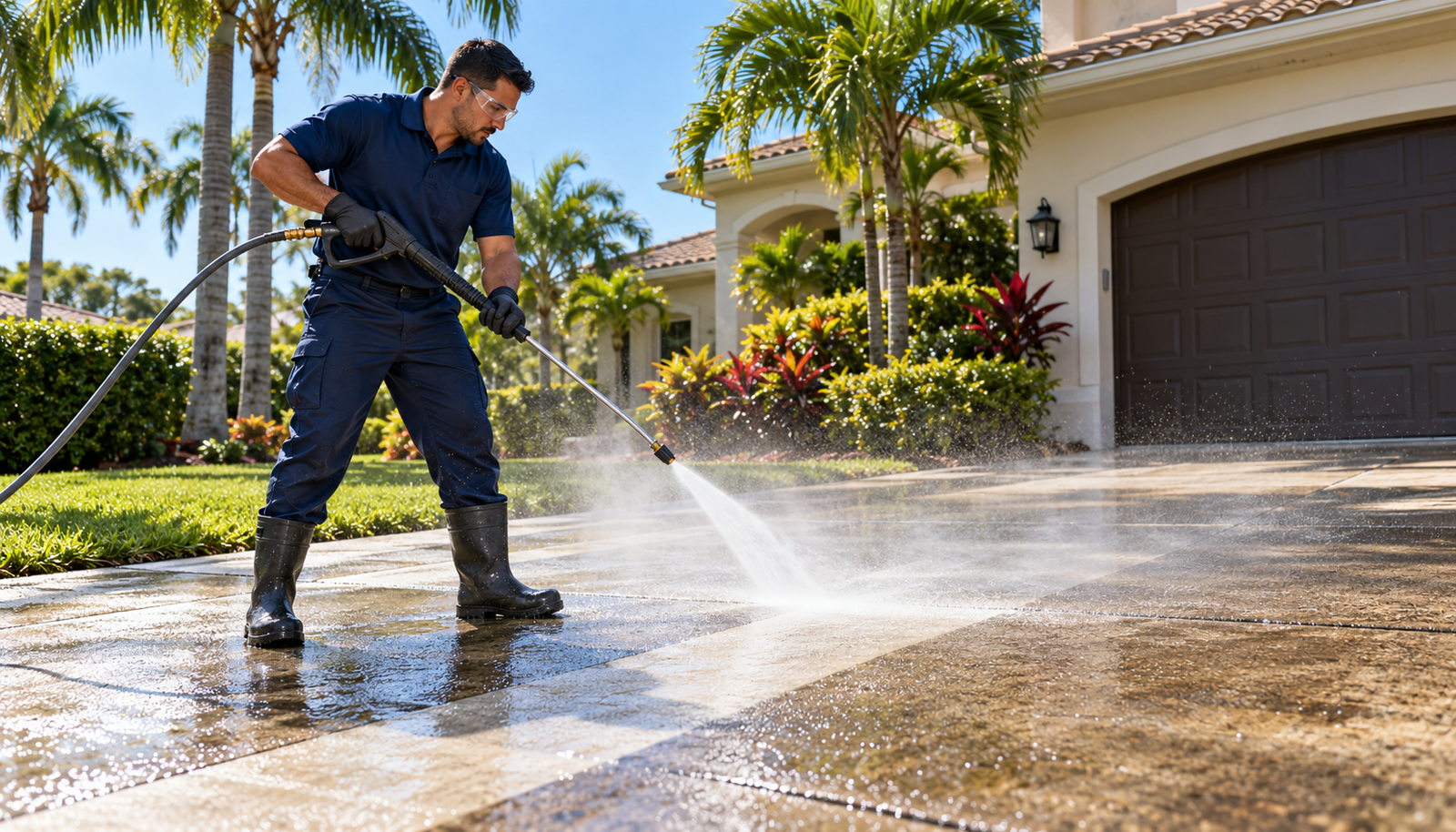 Pressure washing in action